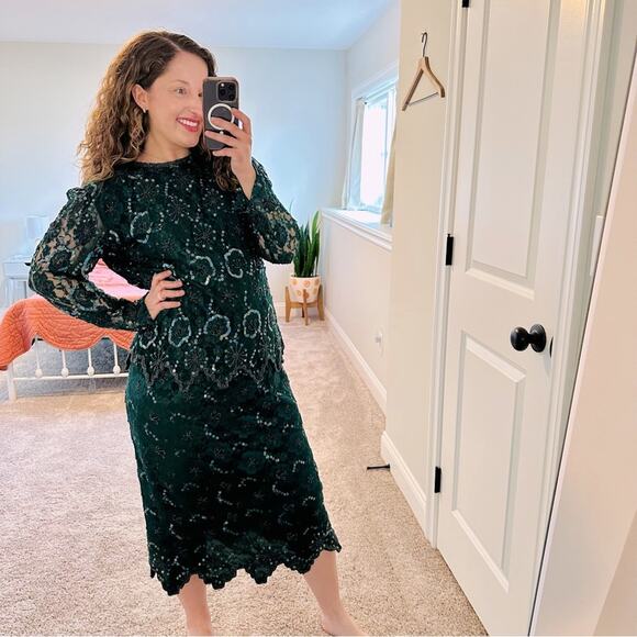 Vintage Laurence Kazar Green Beaded Sequin Shirt and Skirt Set PL